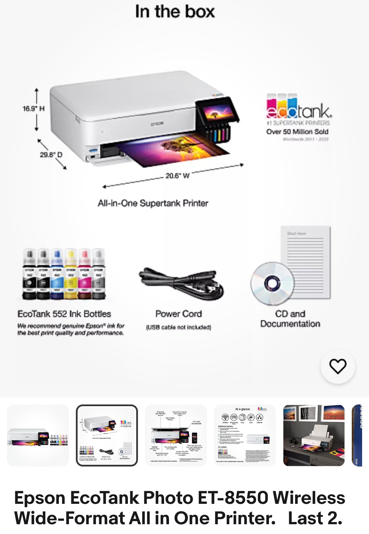 Epson EcoTank Photo ET-8550 SuperTank Wide-Format Wireless Inkjet All-In-One Color Printer